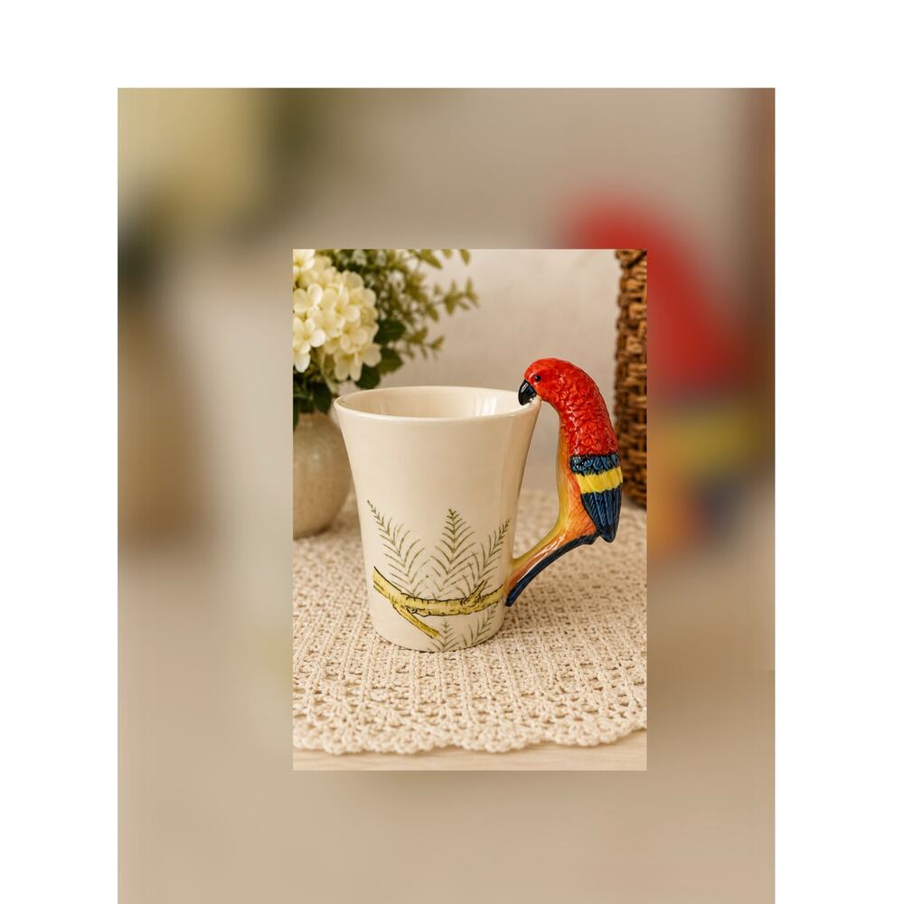Pier1 Imports Parrot Mug 3D Bird Handle Hand Painted Stoneware Tropical 16 oz
